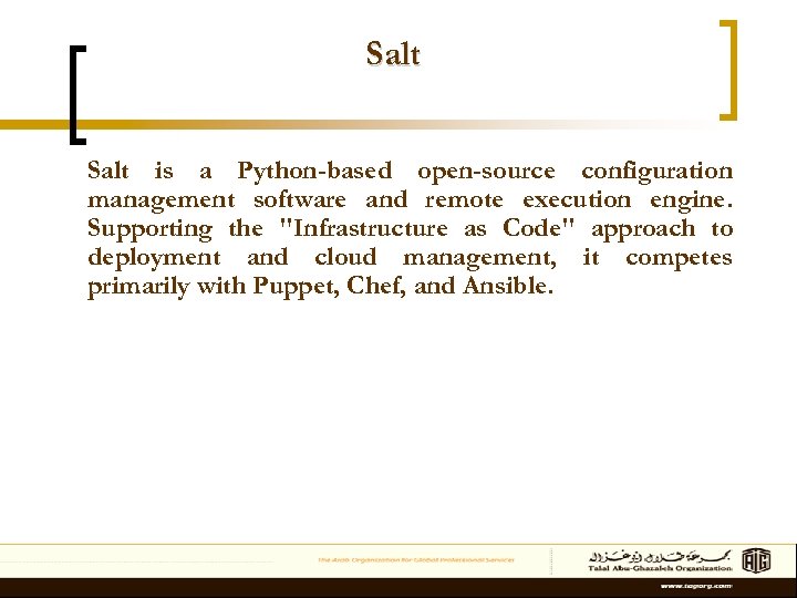 Salt is a Python-based open-source configuration management software and remote execution engine. Supporting the