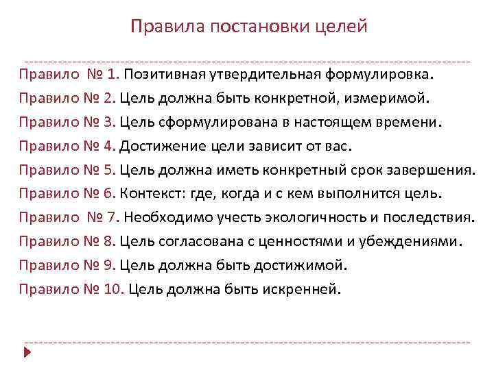  Правила постановки целей Правило № 1. Позитивная утвердительная формулировка. Правило № 2. Цель