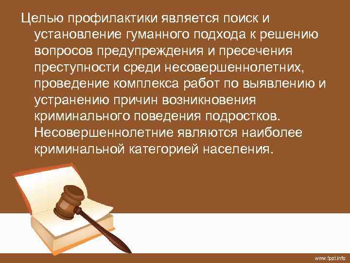 Целью профилактики является поиск и установление гуманного подхода к решению вопросов предупреждения и пресечения