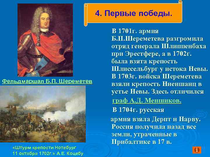 4. Первые победы. Фельдмаршал Б. П. Шереметев «Штурм крепости Нотебург 11 октября 1702 г.