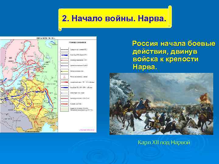 2. Начало войны. Нарва. Россия начала боевые действия, двинув войска к крепости Нарва. Карл