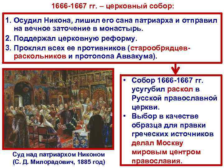 1666 -1667 гг. – церковный собор: 1. Осудил Никона, лишил его сана патриарха и