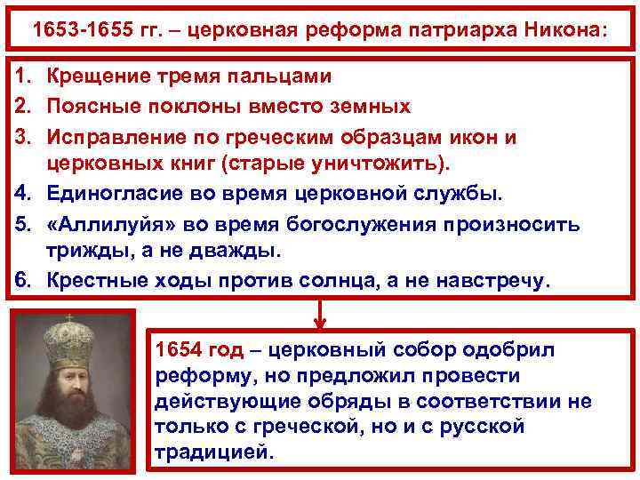 1653 -1655 гг. – церковная реформа патриарха Никона: 1. Крещение тремя пальцами 2. Поясные
