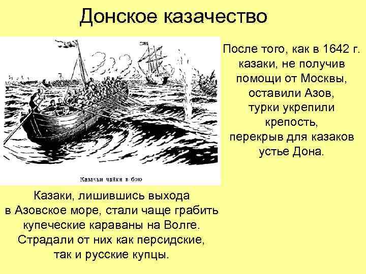 Донское казачество После того, как в 1642 г. казаки, не получив помощи от Москвы,