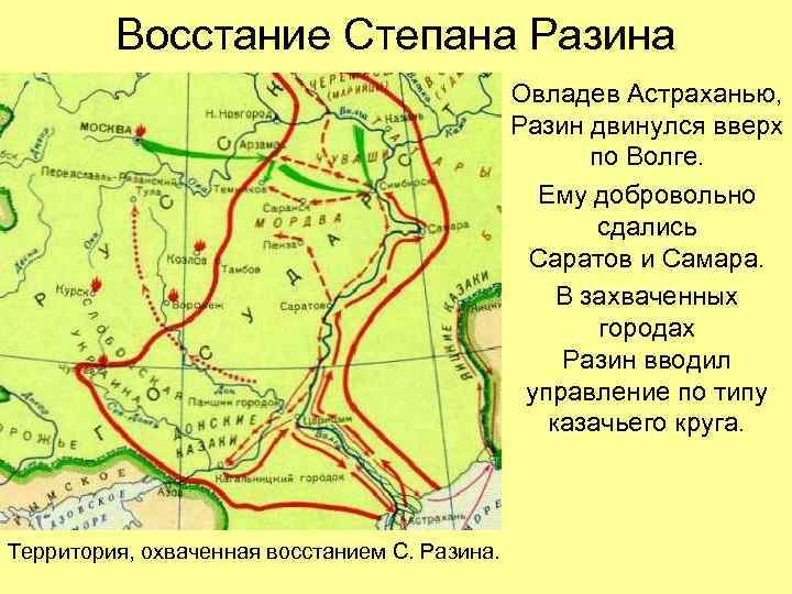 Восстание Степана Разина Овладев Астраханью, Разин двинулся вверх по Волге. Ему добровольно сдались Саратов