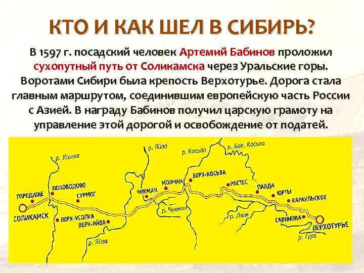 КТО И КАК ШЕЛ В СИБИРЬ? В 1597 г. посадский человек Артемий Бабинов проложил