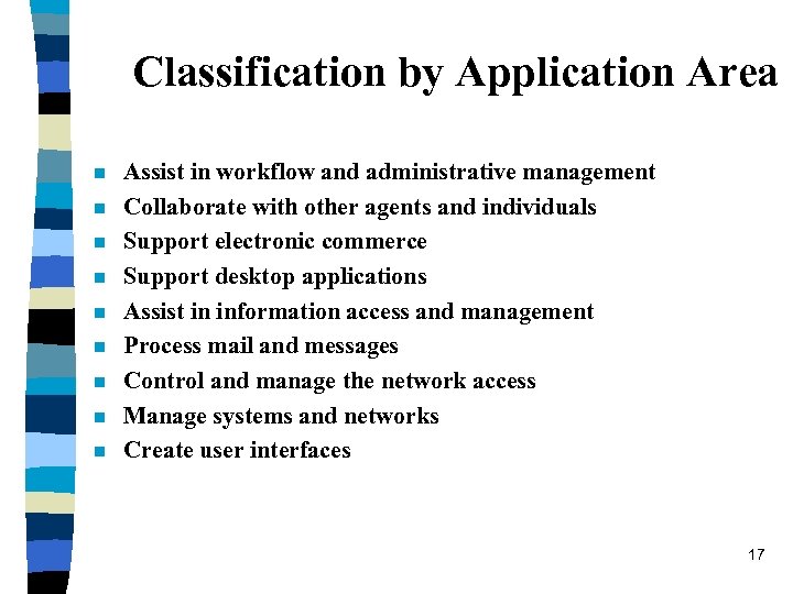 Classification by Application Area n n n n n Assist in workflow and administrative