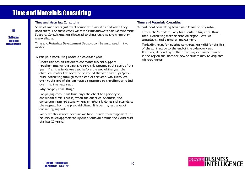 Time and Materials Consulting IBI Software Vendors Introduction Time and Materials Consulting Some of