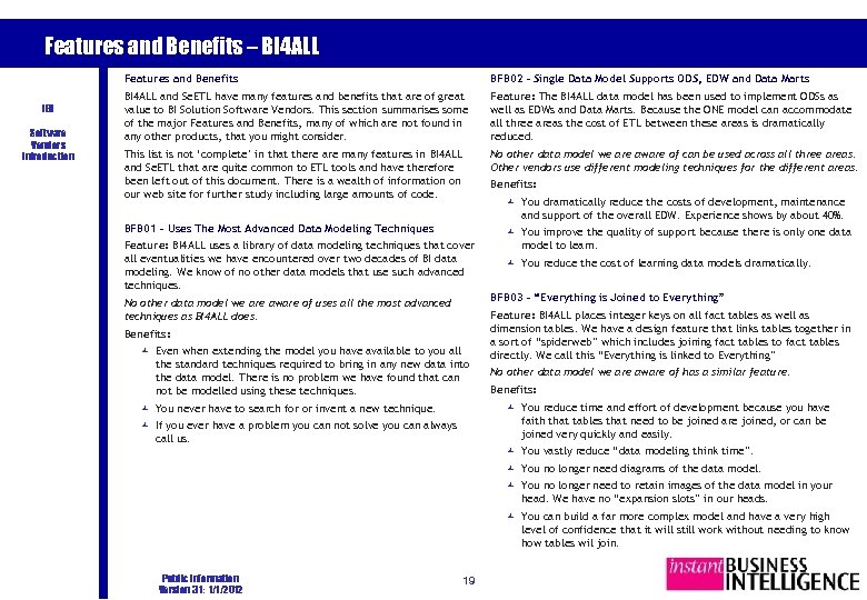 Features and Benefits – BI 4 ALL Features and Benefits IBI Software Vendors Introduction