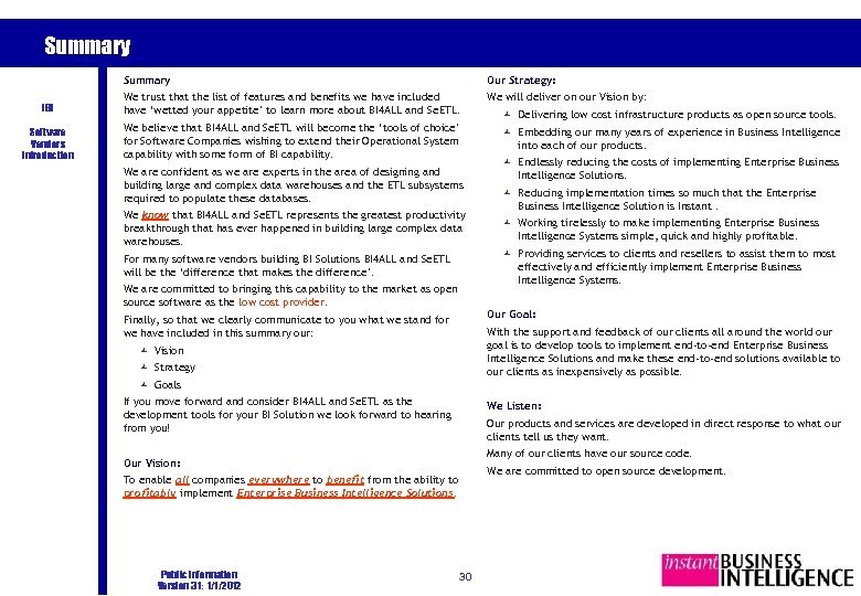 Summary Our Strategy: IBI We trust that the list of features and benefits we