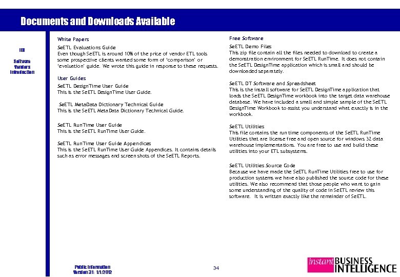 Documents and Downloads Available White Papers IBI Software Vendors Introduction Free Software Se. ETL
