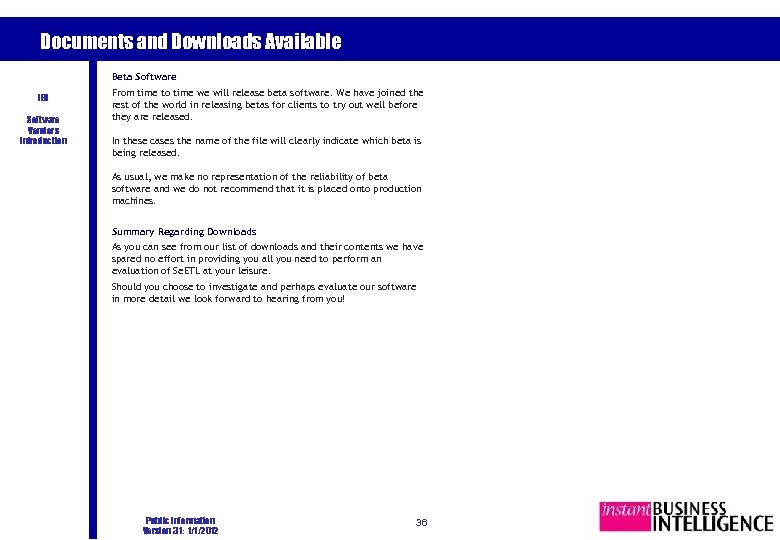 Documents and Downloads Available Beta Software IBI Software Vendors Introduction From time to time