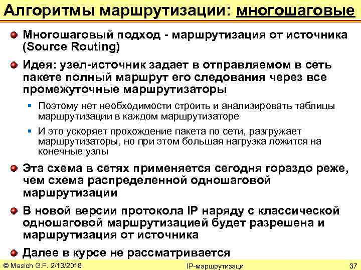 Алгоритмы маршрутизации: многошаговые Многошаговый подход - маршрутизация от источника (Source Routing) Идея: узел-источник задает