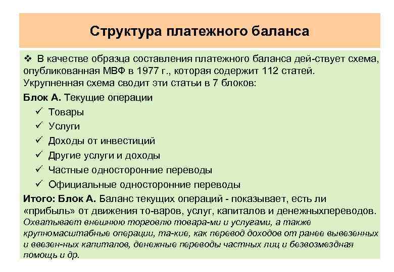 Структура платежного баланса v В качестве образца составления платежного баланса дей ствует схема, опубликованная