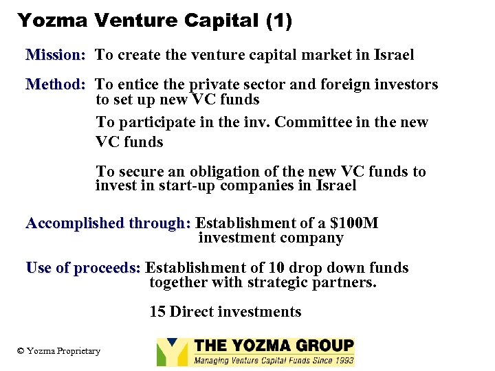 Yozma Venture Capital (1) Mission: To create the venture capital market in Israel Method: