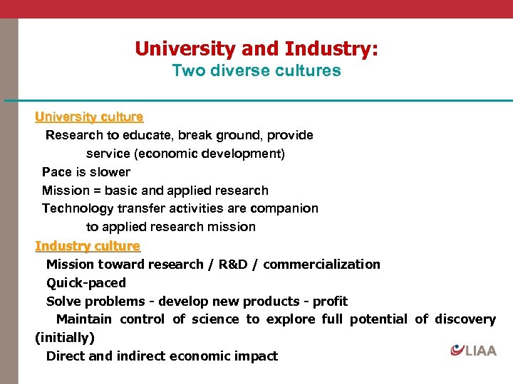 University and Industry: Two diverse cultures University culture Research to educate, break ground, provide