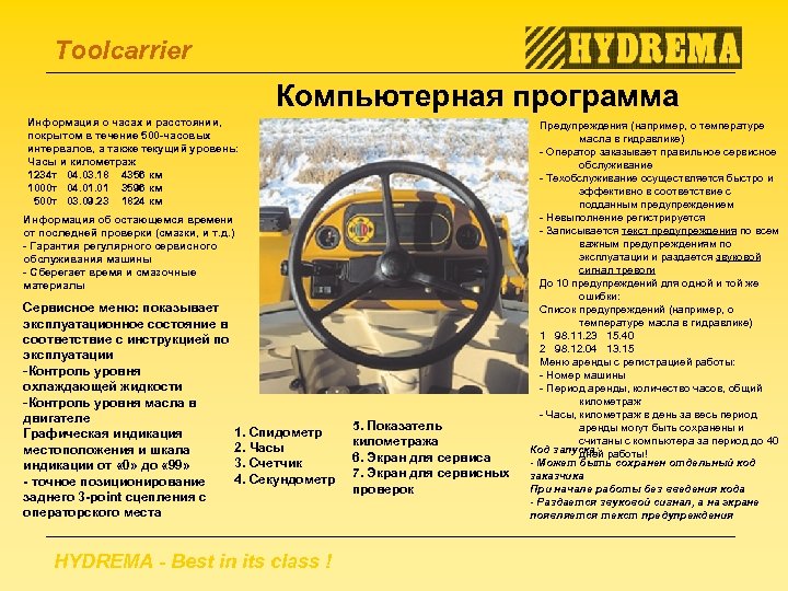 Toolcarrier Компьютерная программа Информация о часах и расстоянии, покрытом в течение 500 -часовых интервалов,