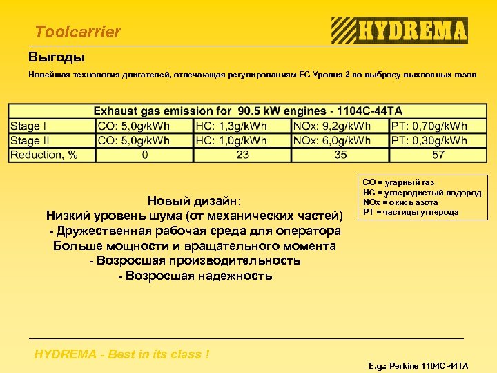 Toolcarrier Выгоды Новейшая технология двигателей, отвечающая регулированиям ЕС Уровня 2 по выбросу выхлопных газов