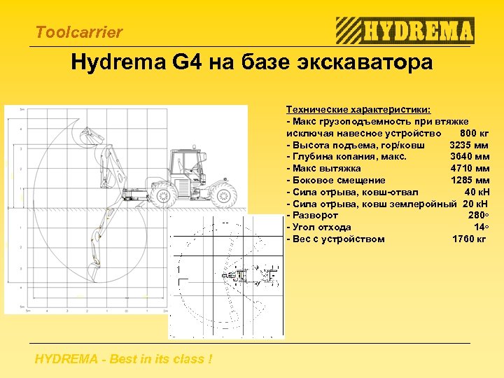 Toolcarrier Hydrema G 4 на базе экскаватора Технические характеристики: - Макс грузоподъемность при втяжке