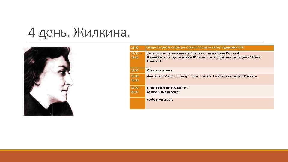 4 день. Жилкина. 11: 00 Завтрак в одном из трех ресторанов города на выбор