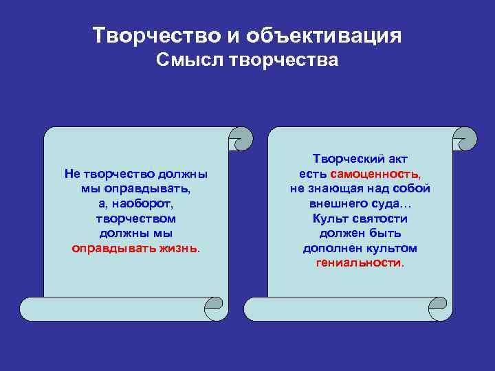 Творчество и объективация Смысл творчества Не творчество должны мы оправдывать, а, наоборот, творчеством должны