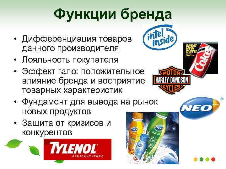 Функции бренда • Дифференциация товаров данного производителя • Лояльность покупателя • Эффект гало: положительное