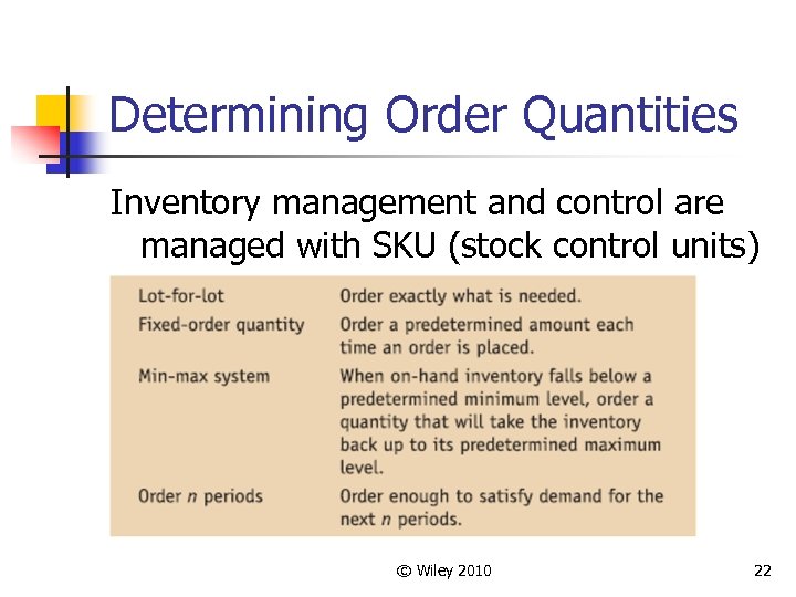 Determining Order Quantities Inventory management and control are managed with SKU (stock control units)