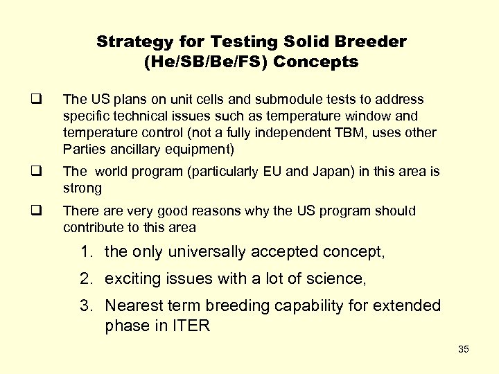 Strategy for Testing Solid Breeder (He/SB/Be/FS) Concepts q The US plans on unit cells