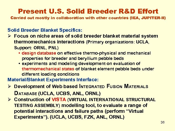 Present U. S. Solid Breeder R&D Effort Carried out mostly in collaboration with other