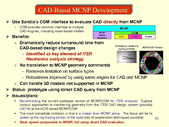 CAD-Based MCNP Development Ø Use Sandia’s CGM interface to evaluate CAD directly from MCNP