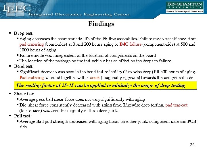 Findings § Drop test § Aging decreases the characteristic life of the Pb-free assemblies.