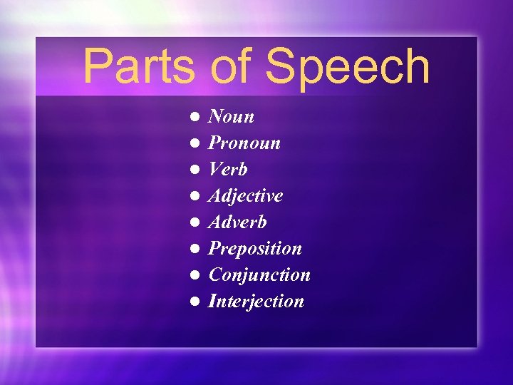 Parts of Speech l l l l Noun Pronoun Verb Adjective Adverb Preposition Conjunction