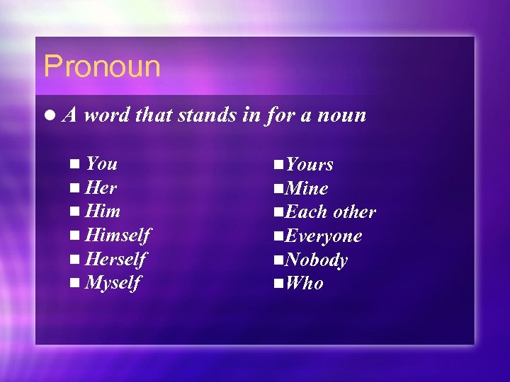 Pronoun l. A word that stands in for a noun n You n Her