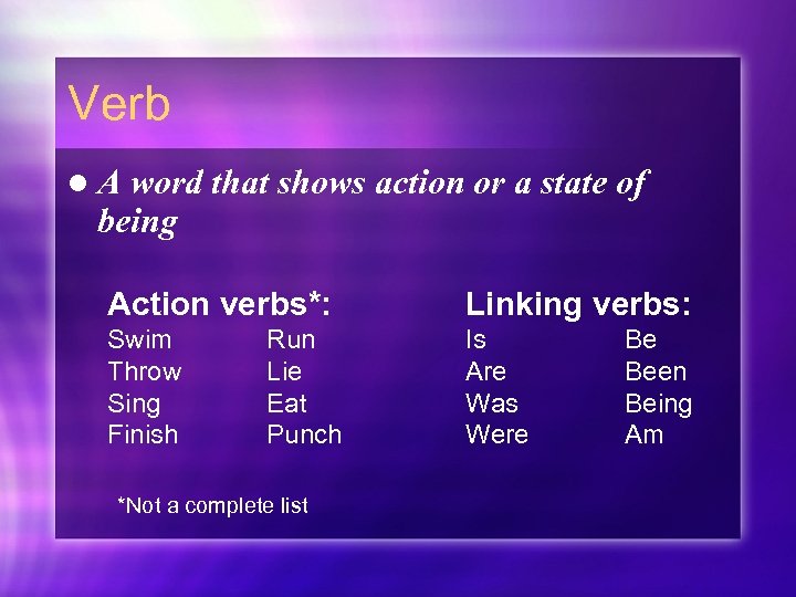 Verb l. A word that shows action or a state of being Action verbs*: