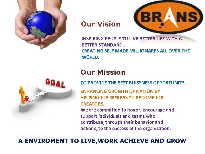 Our Vision INSPIRING PEOPLE TO LIVE BETTER LIFE WITH A BETTER STANDARD. CREATING SELF