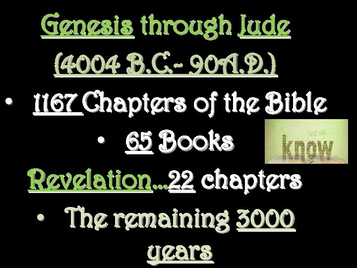 Genesis through Jude (4004 B. C. - 90 A. D. ) • 1167 Chapters