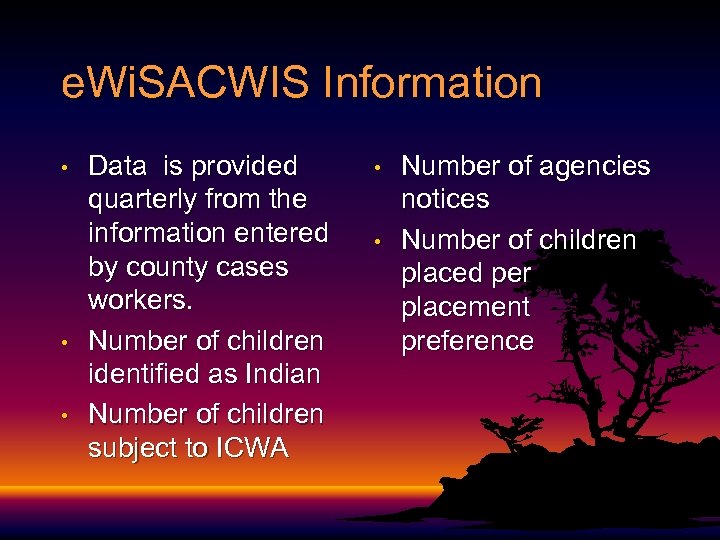 e. Wi. SACWIS Information • • • Data is provided quarterly from the information