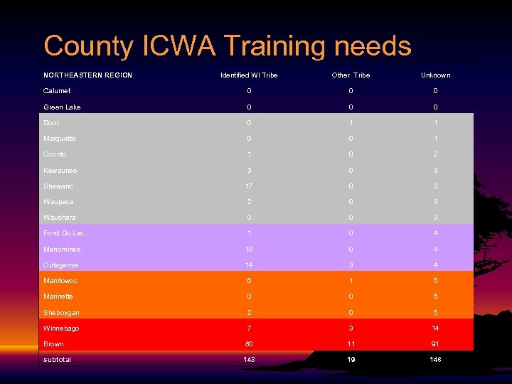 County ICWA Training needs NORTHEASTERN REGION Identified WI Tribe Other Tribe Unknown Calumet 0