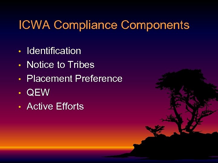 ICWA Compliance Components • • • Identification Notice to Tribes Placement Preference QEW Active