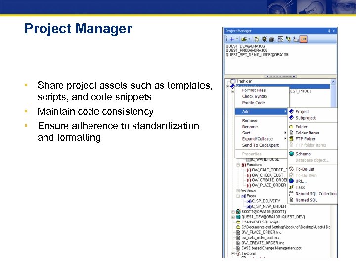 Project Manager • Share project assets such as templates, scripts, and code snippets •