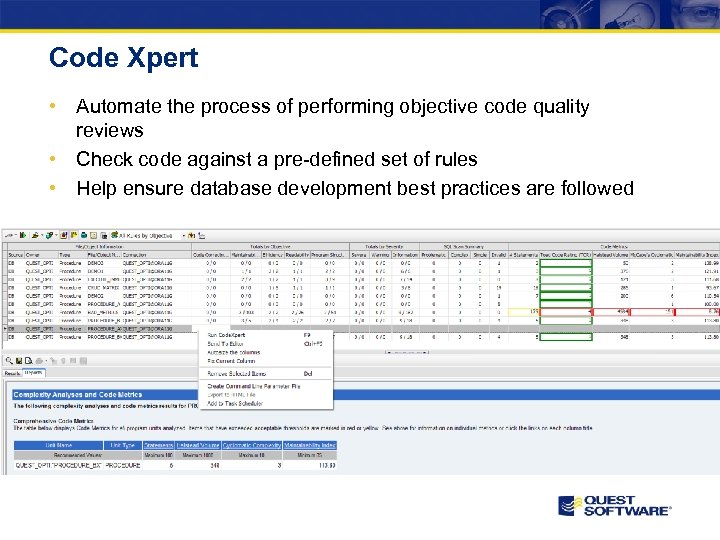 Code Xpert • Automate the process of performing objective code quality reviews • Check