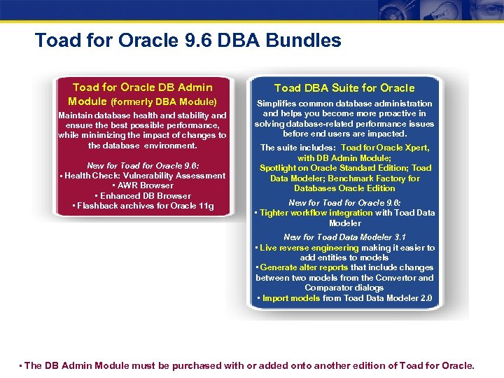 Toad for Oracle 9. 6 DBA Bundles Toad for Oracle DB Admin Module (formerly