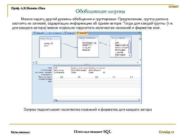 Проф. А. К. Иванов-Шиц ММИТ Обобщающие запросы Можно задать другой уровень обобщения и группировки.