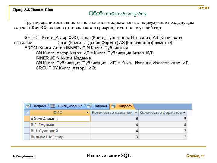 Проф. А. К. Иванов-Шиц ММИТ Обобщающие запросы Группирование выполняется по значениям одного поля, а