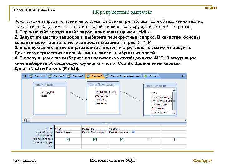 Проф. А. К. Иванов-Шиц ММИТ Перекрестные запросы Конструкция запроса показана на рисунке. Выбраны три