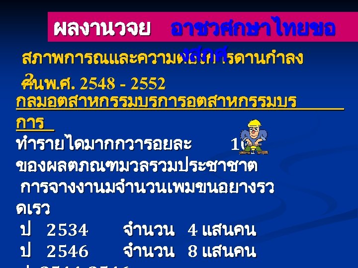 ผลงานวจย อาชวศกษาไทยขอ งสกศ สภาพการณและความตองการดานกำลง . คนพ. ศ. 2548 - 2552 2 กลมอตสาหกรรมบรการอตสาหกรรมบร การ ทำรายไดมากกวารอยละ