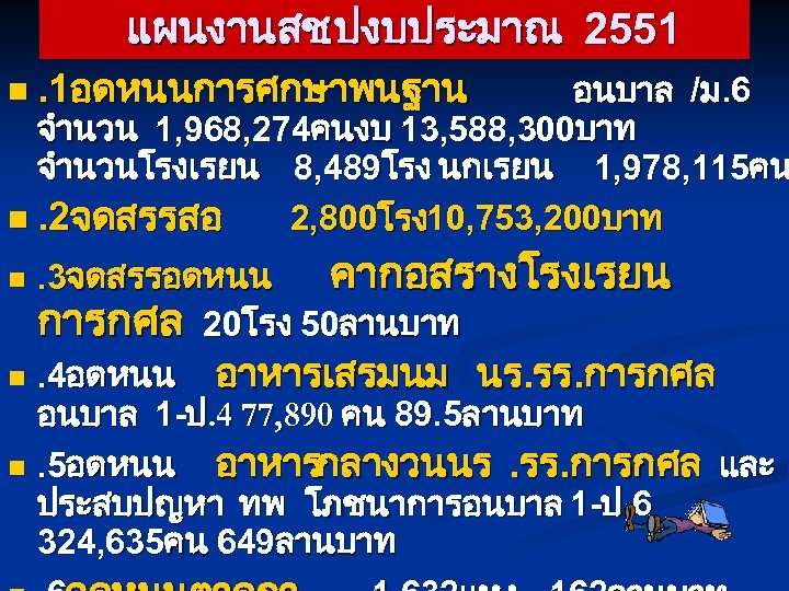 แผนงานสช ปงบประมาณ 2551. n. 1อดหนนการศกษาพนฐาน อนบาล /ม. 6 จำนวน 1, 968, 274คนงบ 13, 588,