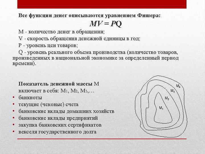 Все функции денег описываются уравнением Фишера: MV = PQ M количество денег в обращении;