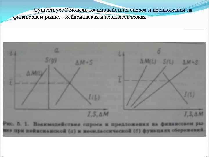 Существует 2 модели взаимодействия спроса и предложения на финансовом рынке - кейнсианская и неоклассическая.