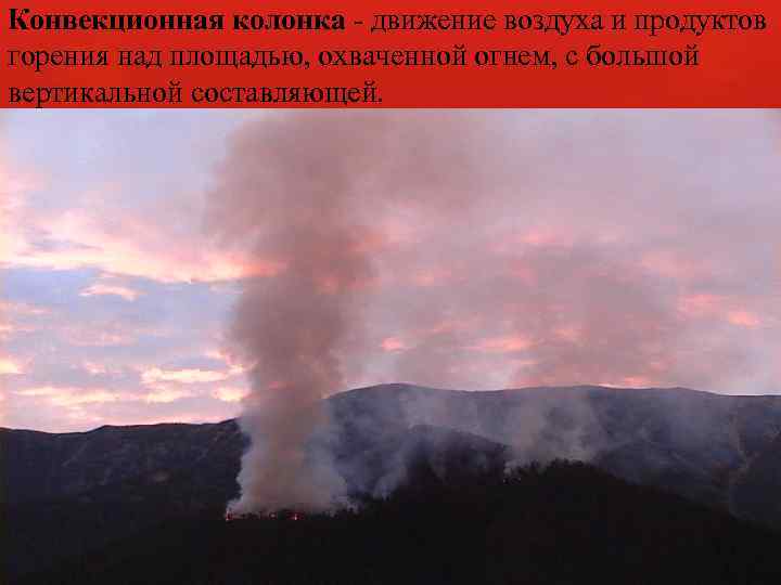 Конвекционная колонка движение воздуха и продуктов горения над площадью, охваченной огнем, с большой вертикальной